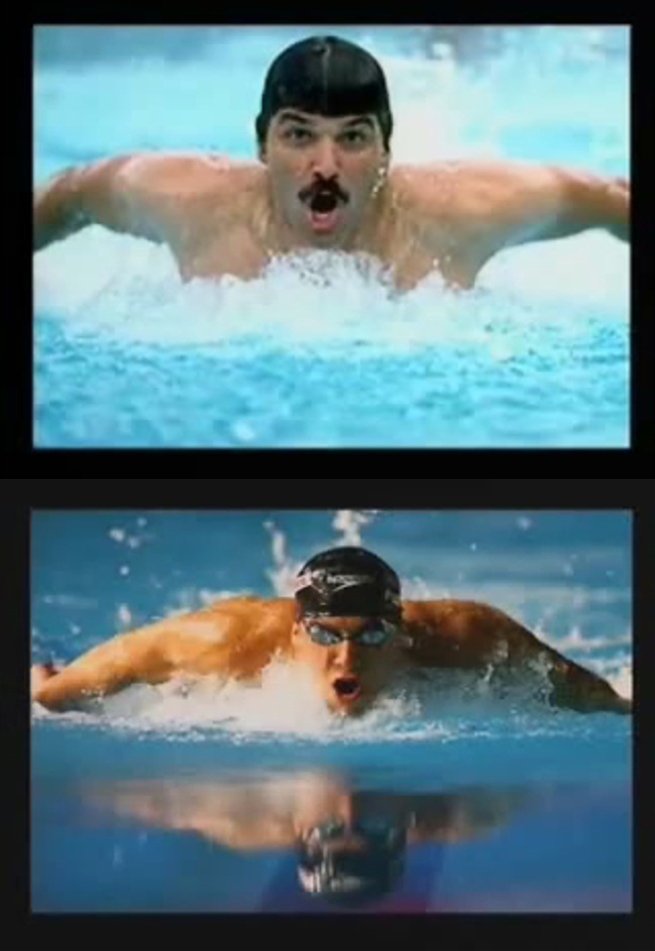 Low gliding butterfly by Michael Phelps vs. High elbow skipping style by Mark Spitz