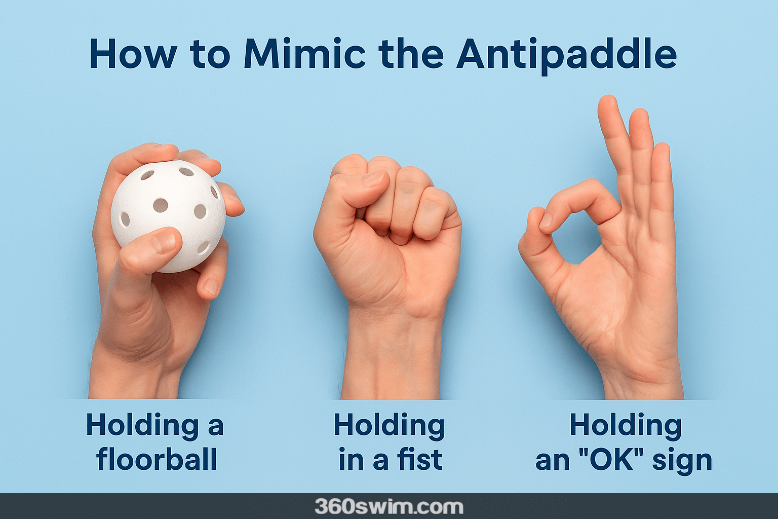 Illustration showing three swim feel-for-water drills: closed fist, holding a floorball, and making an OK sign with thumb and index finger.