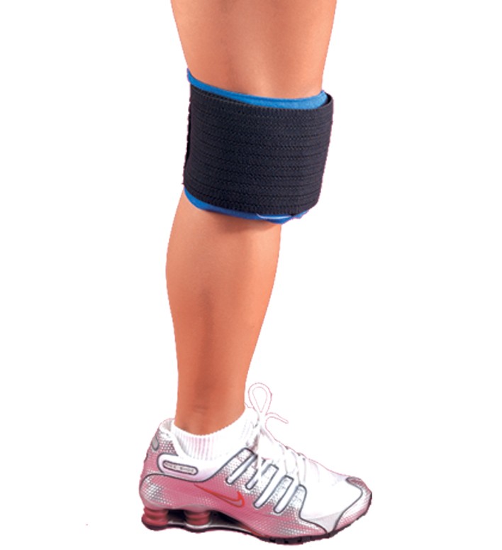 A knee brace or therapy wrap can provide support outside the pool.