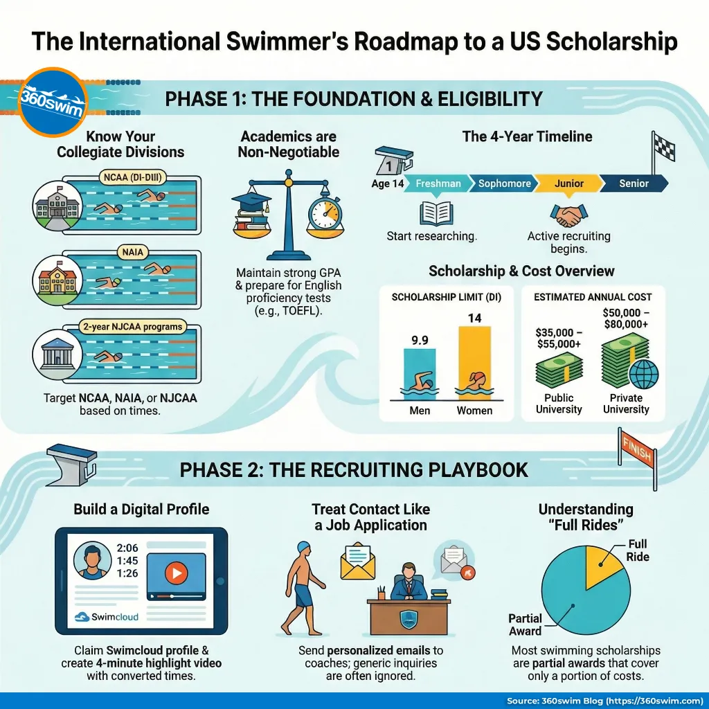 An infographic illustrating how a limited number of swimming scholarships are divided among a large team, resulting in partial scholarships for most athletes.