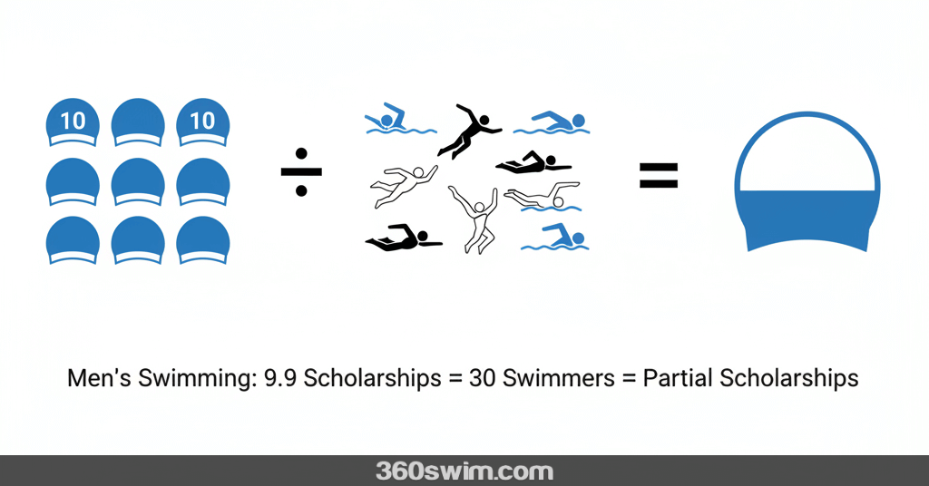 An infographic illustrating how a limited number of swimming scholarships are divided among a large team, resulting in partial scholarships for most athletes.