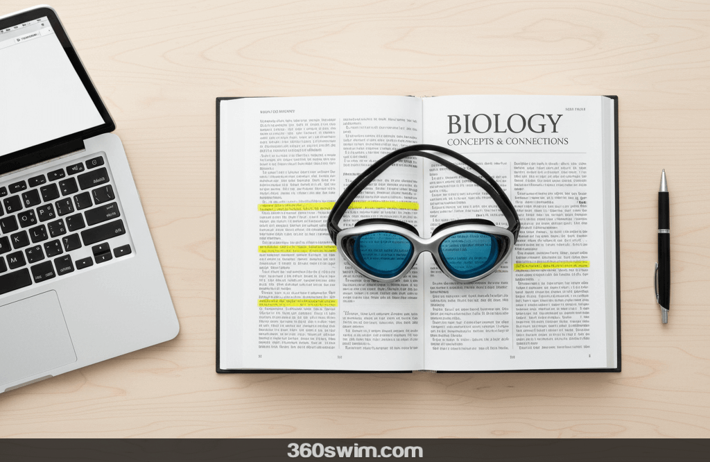 A flat lay photo showing items representing the student-athlete life: a laptop, an open textbook, a pen, and a pair of swimming goggles.