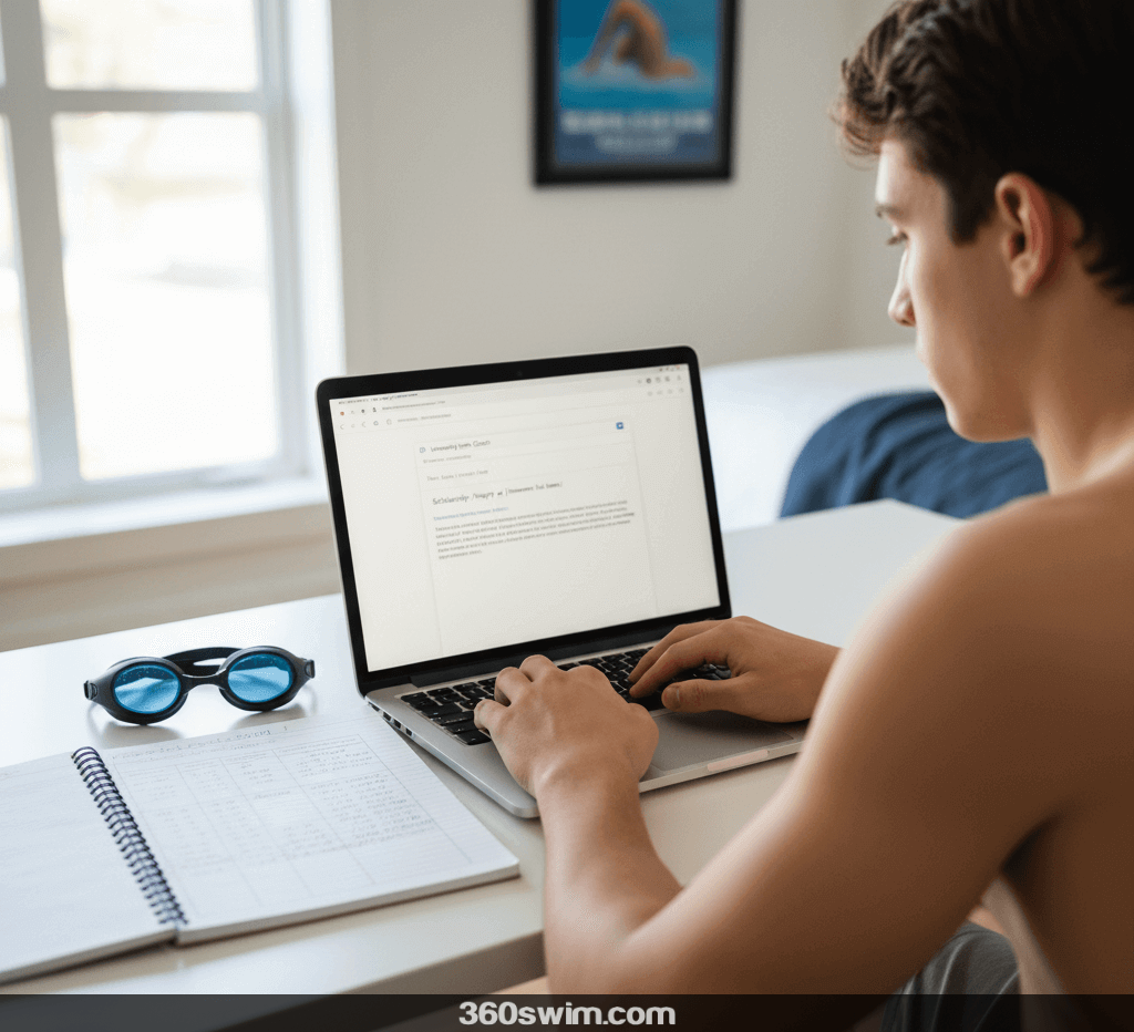 Over-the-shoulder view of a student-athlete at a desk composing a recruiting email to a college swim coach on a laptop.