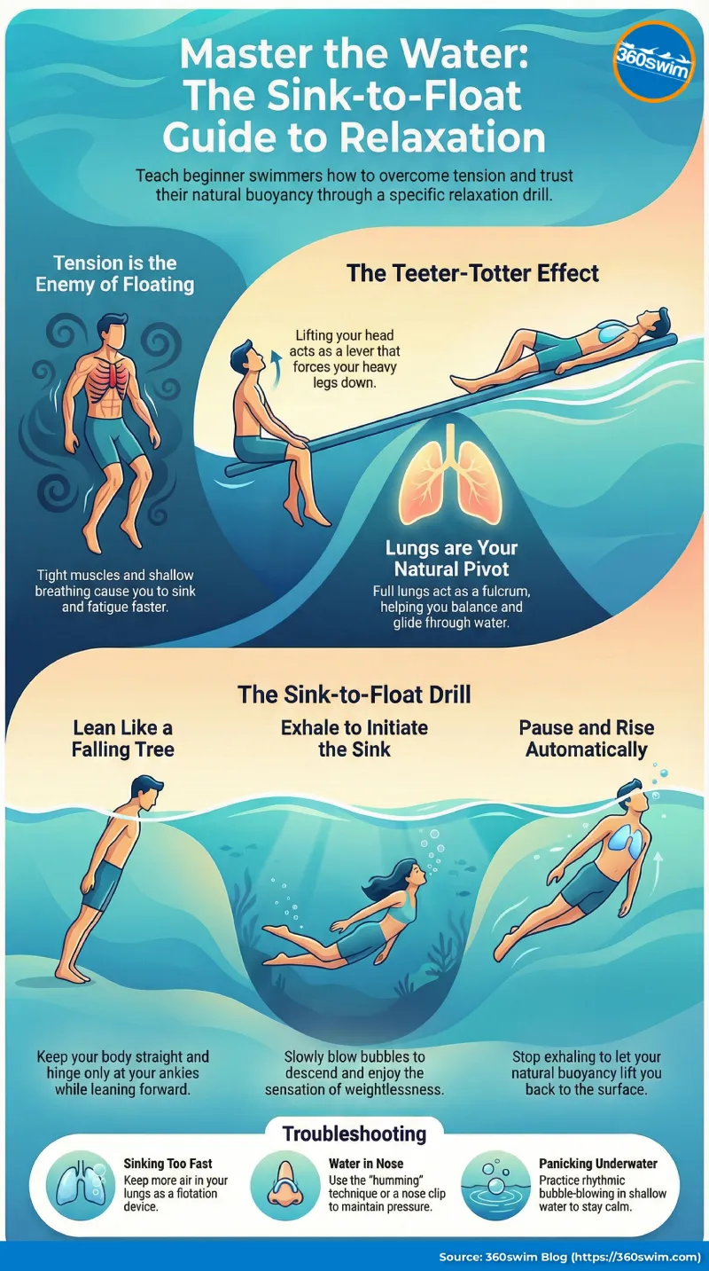 Master the water: The Sink-To-Float Guide to Relaxation Infographic showing the guide to show beginners how to overcome tension and trust buoyancy