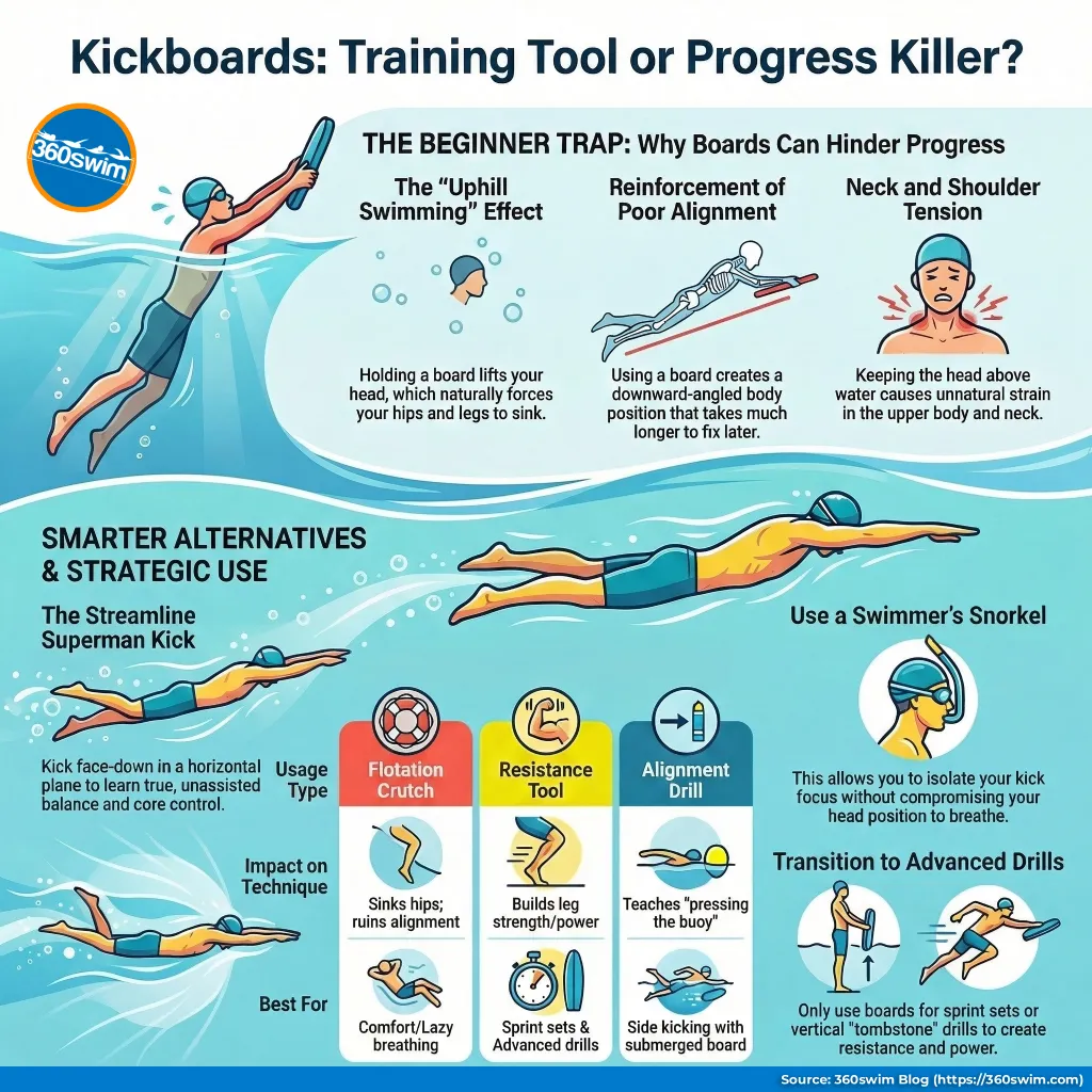 Infographic guide showing the difference between swimming uphill with a kickboard and a proper horizontal streamline