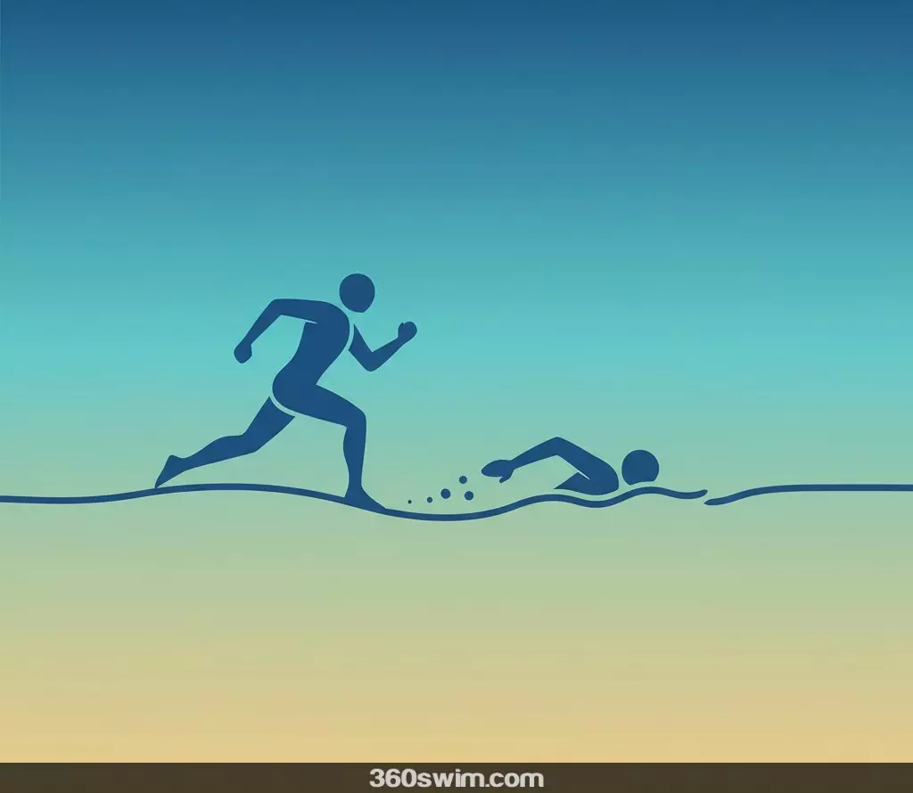 Minimalist illustration of a runner transitioning into a swimmer, symbolizing cross-training between running and swimming.