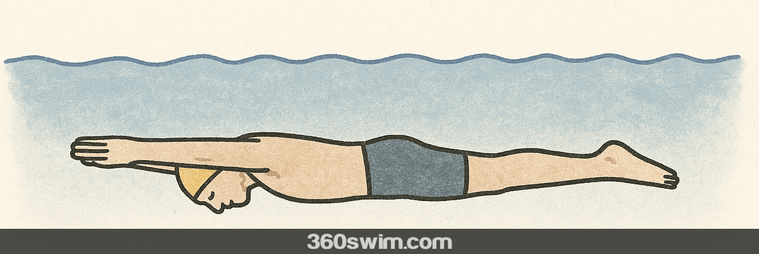 Diagram of a swimmer in streamline position underwater with arms extended, head tucked, and body straight to show minimal drag and efficient swimming form
