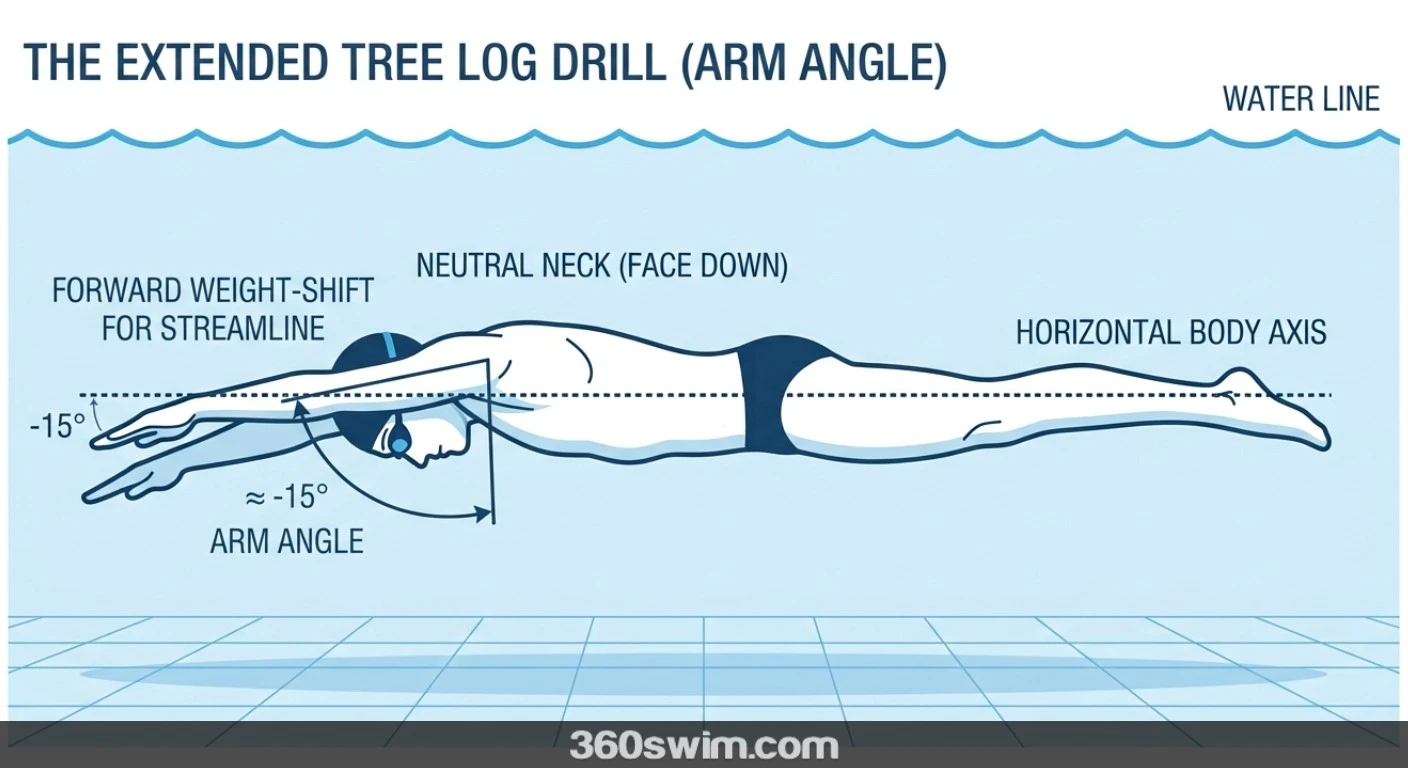 Diagram of the Extended Tree Log drill showing the correct -15 degree arm angle, neutral neck position, and horizontal body axis in the water