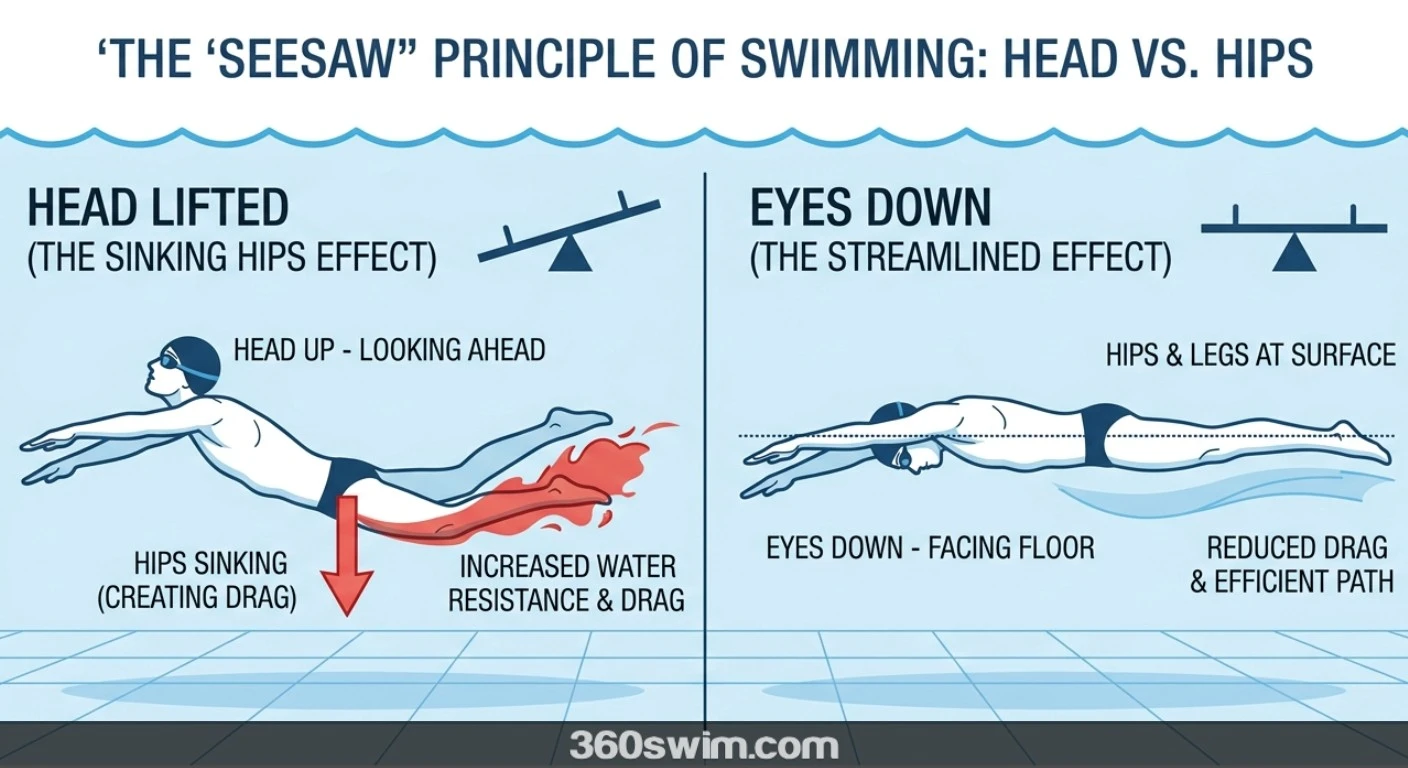 Diagram showing the seesaw principle in swimming - head lifted causes hips to sink and drag, eyes down keeps hips and legs at the surface