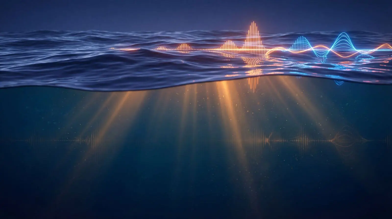 Underwater view of water ripples morphing into glowing audio soundwaves, representing the 360swim Podcast deep dive.